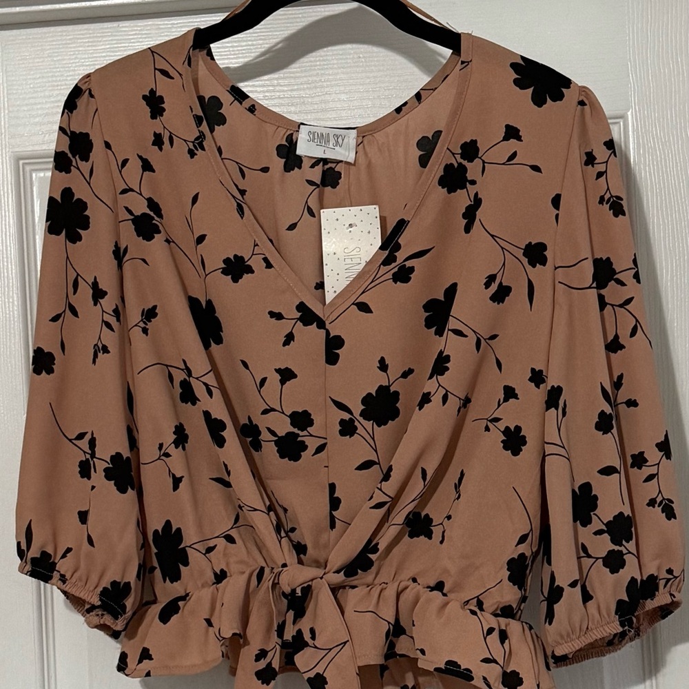 Sienna Sky Brown Tan Flutter Sleeve Wrap Blouse